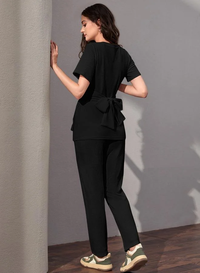 Take Two Women Black Tie-Waist Top and Trousers Co-Ords